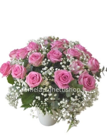 BOUQUET DI ROSE ROSA E GIPSOPHILA