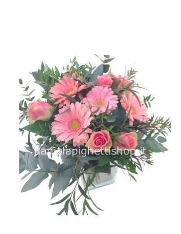BOUQUET  DI GERBERE E ROSE DI COLORE ROSA